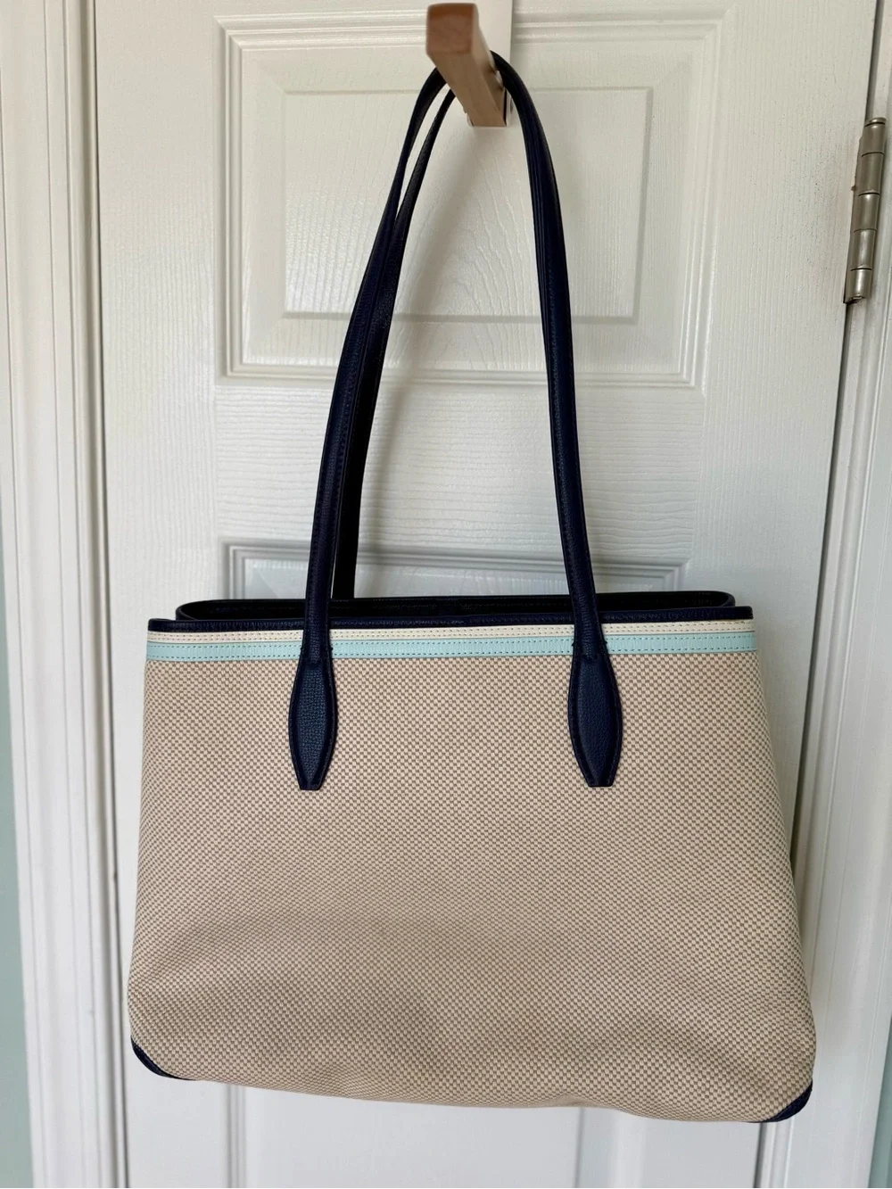 kate spade Beige Canvas Tote with Navy Handles and Light Blue Trim